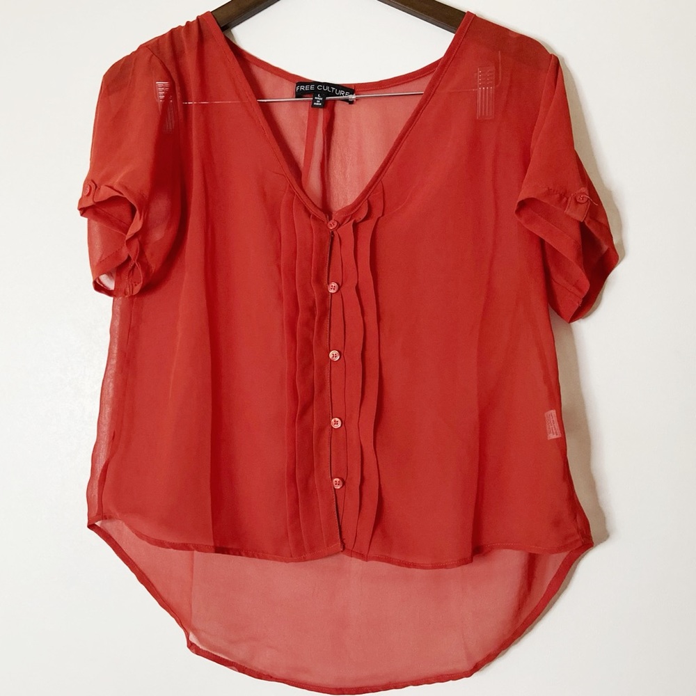 Red Ruffle Blouse Pleated Sheer Short Sleeve Top Size Large